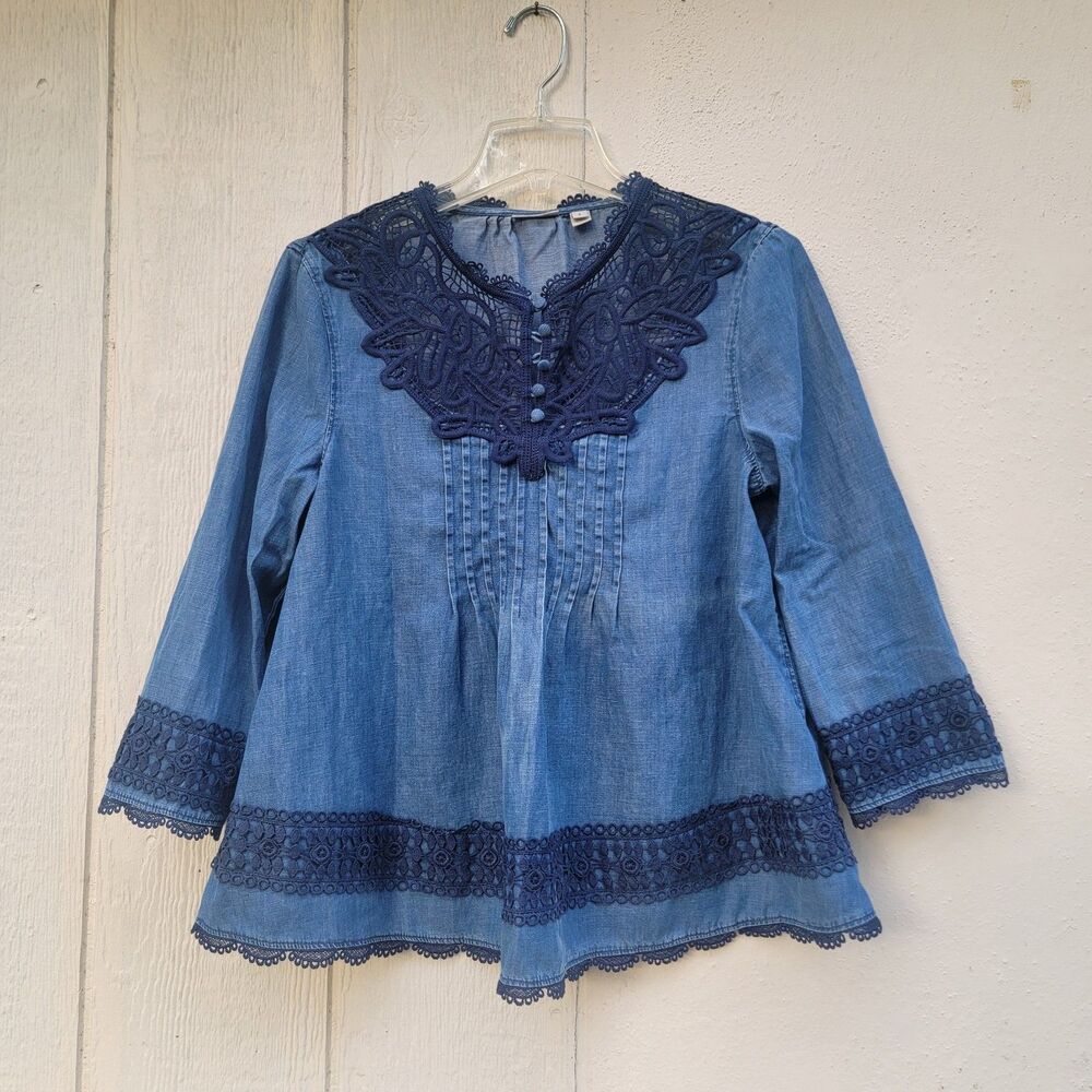 Anthropologie Holding Horses denim embroidered linen blend top Sz 6 Western
